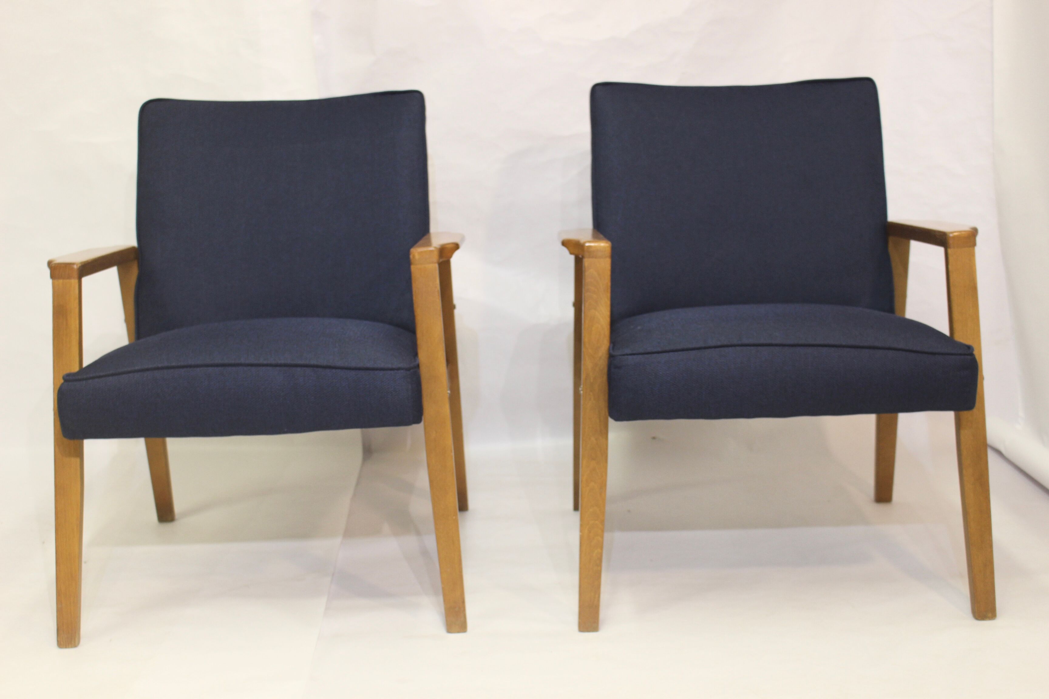 Pair of Scandinavian armchairs 60s restored deep blue gloved fabric.