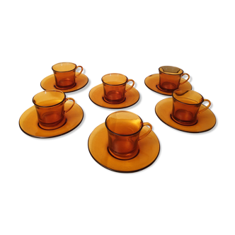 Suite of 6 cups and saucers amber glass