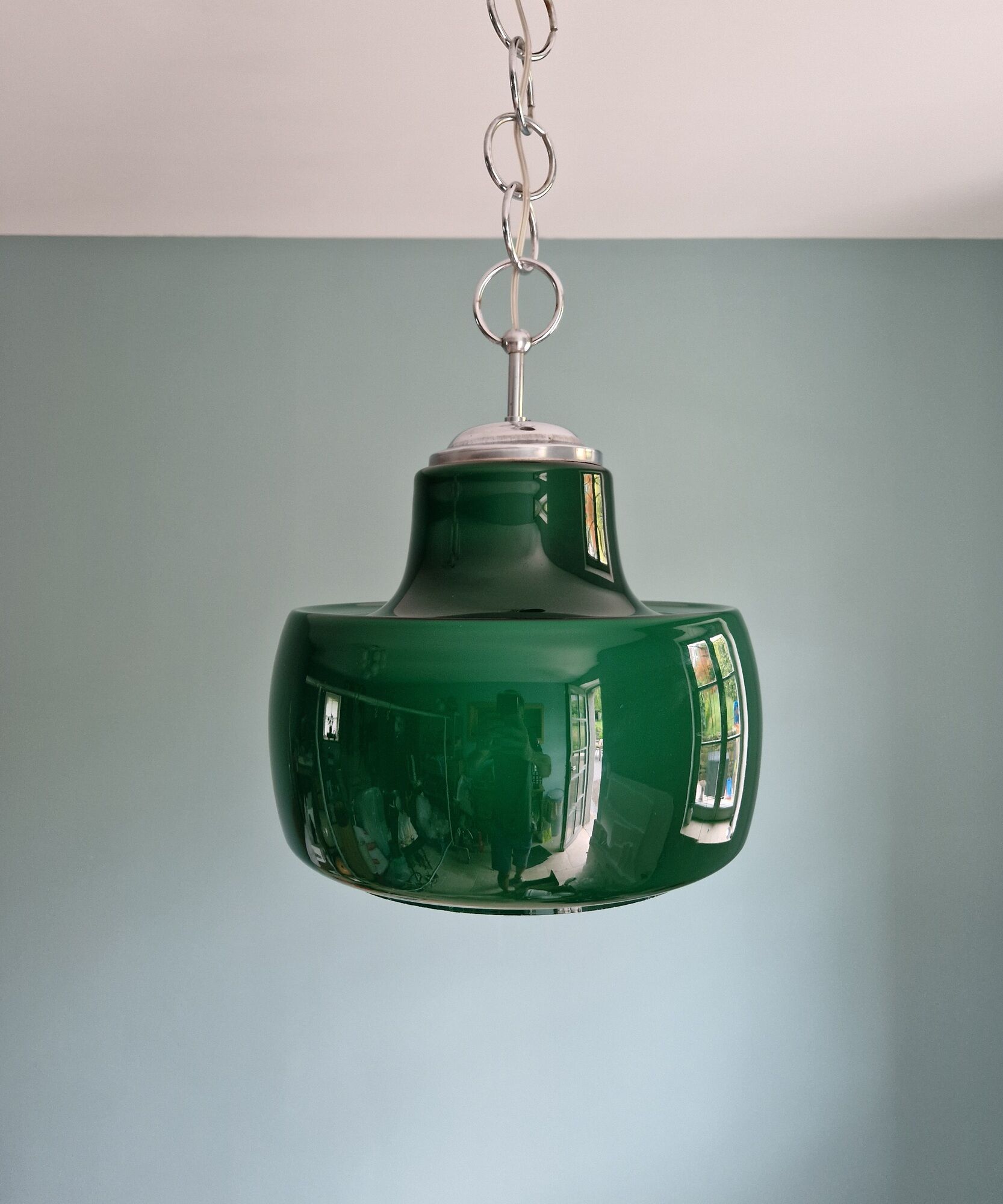 Large vintage pendant lamp in green opaline, 1970s