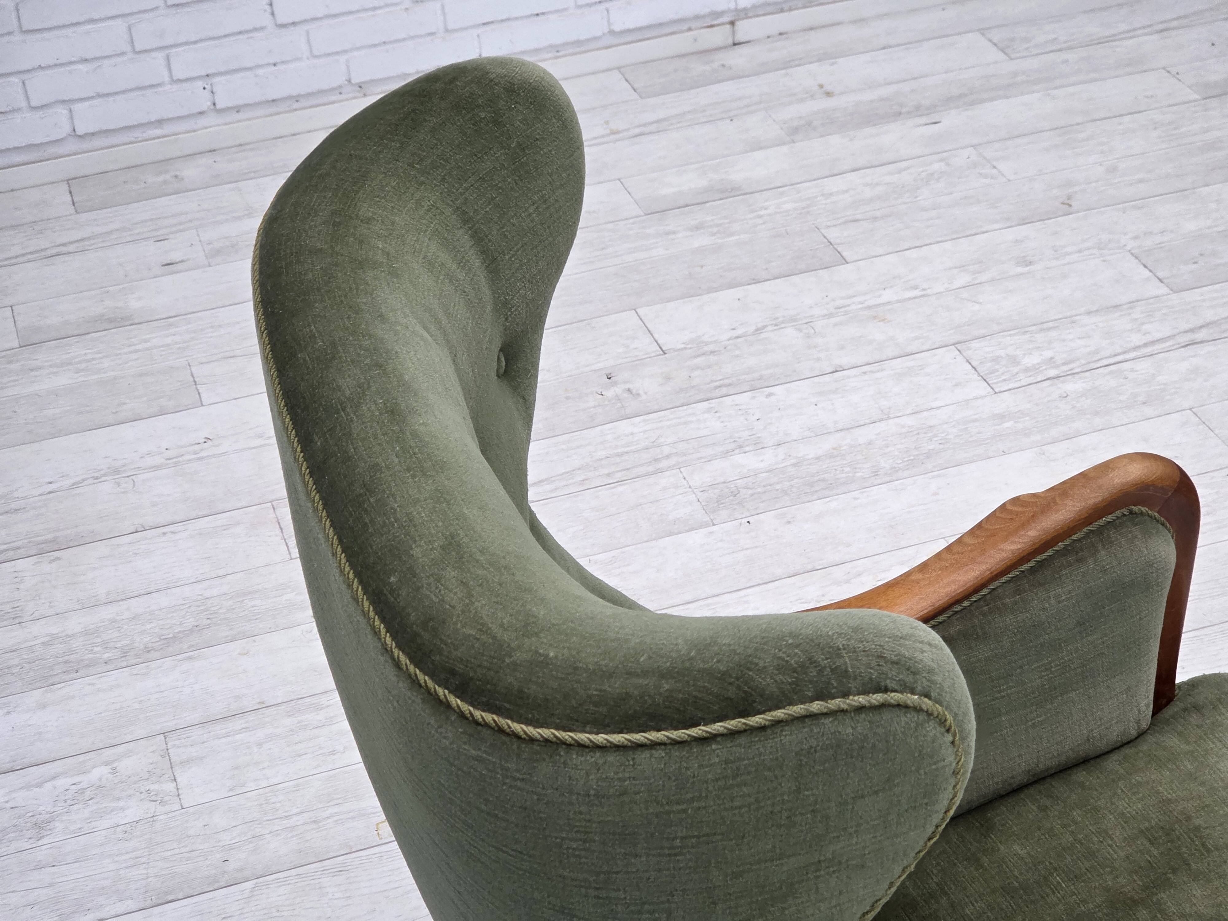 1960s, Danish highback armchair, green furniture velour, teak wood.