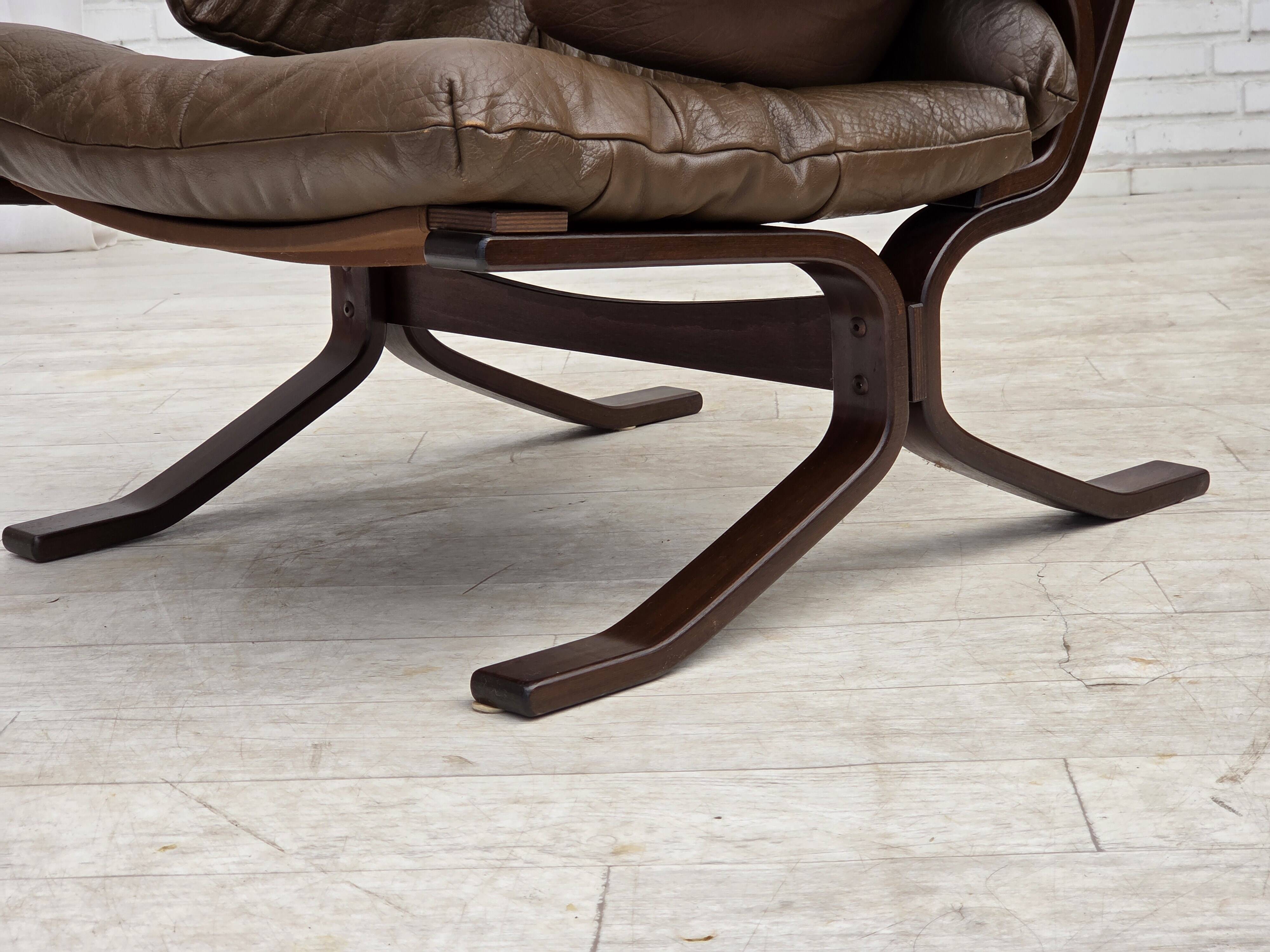 Fauteuil en cuir de meuble marron, années 1970, design scandinave,