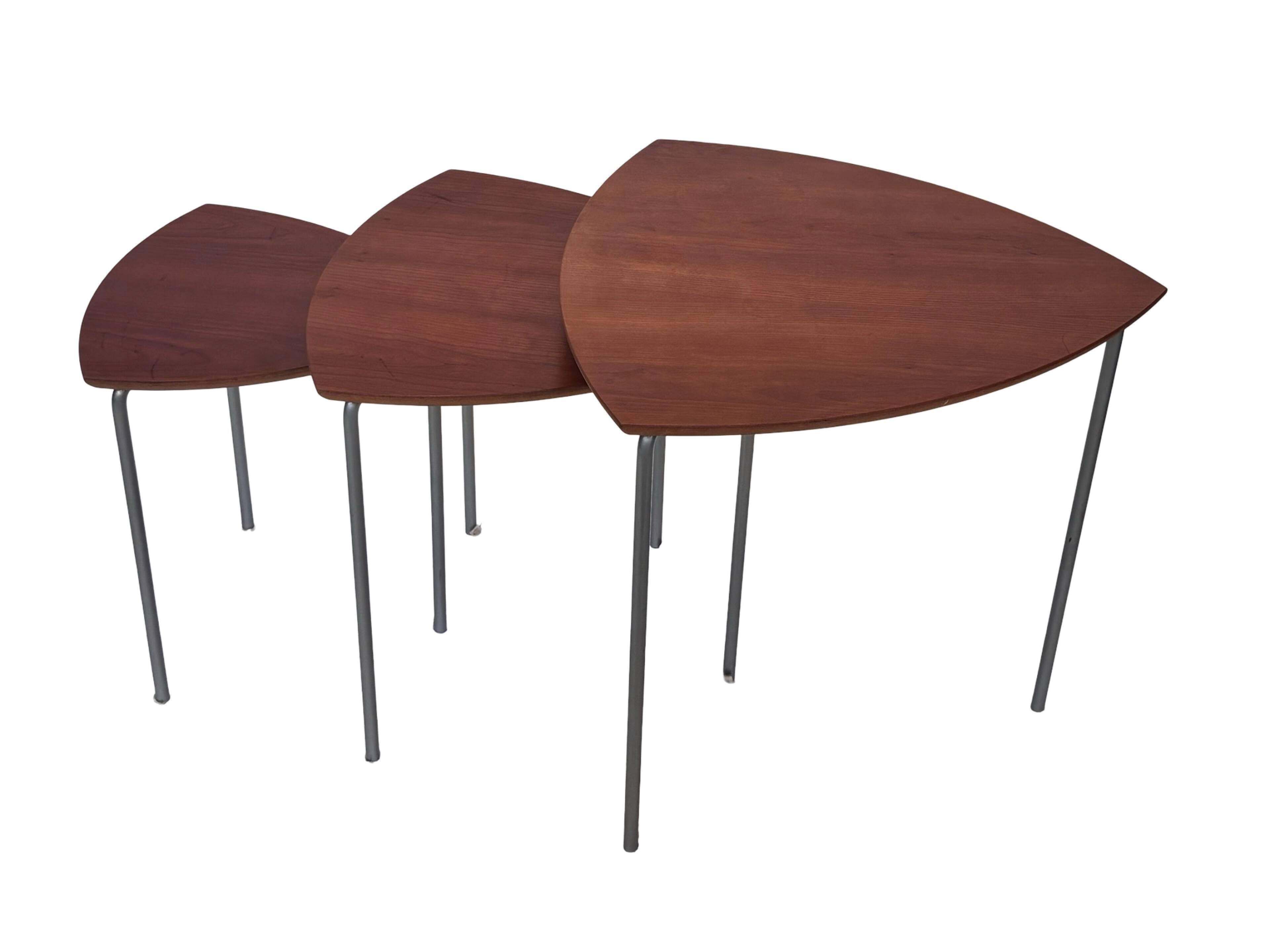 Vintage set of 3 wooden and metal side tables from the 1980s