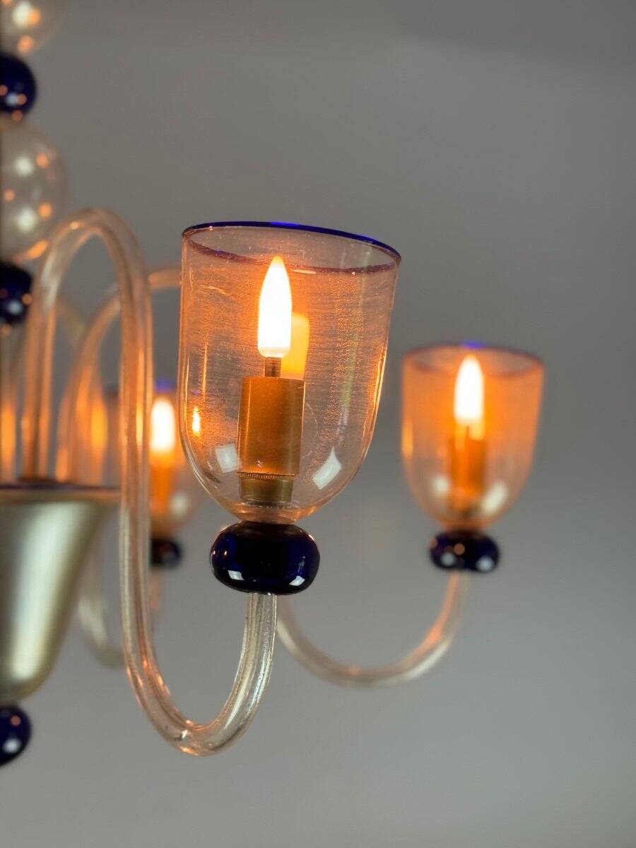 Venetian chandelier in gold and dark blue Murano glass, 5 light arms, circa 1960