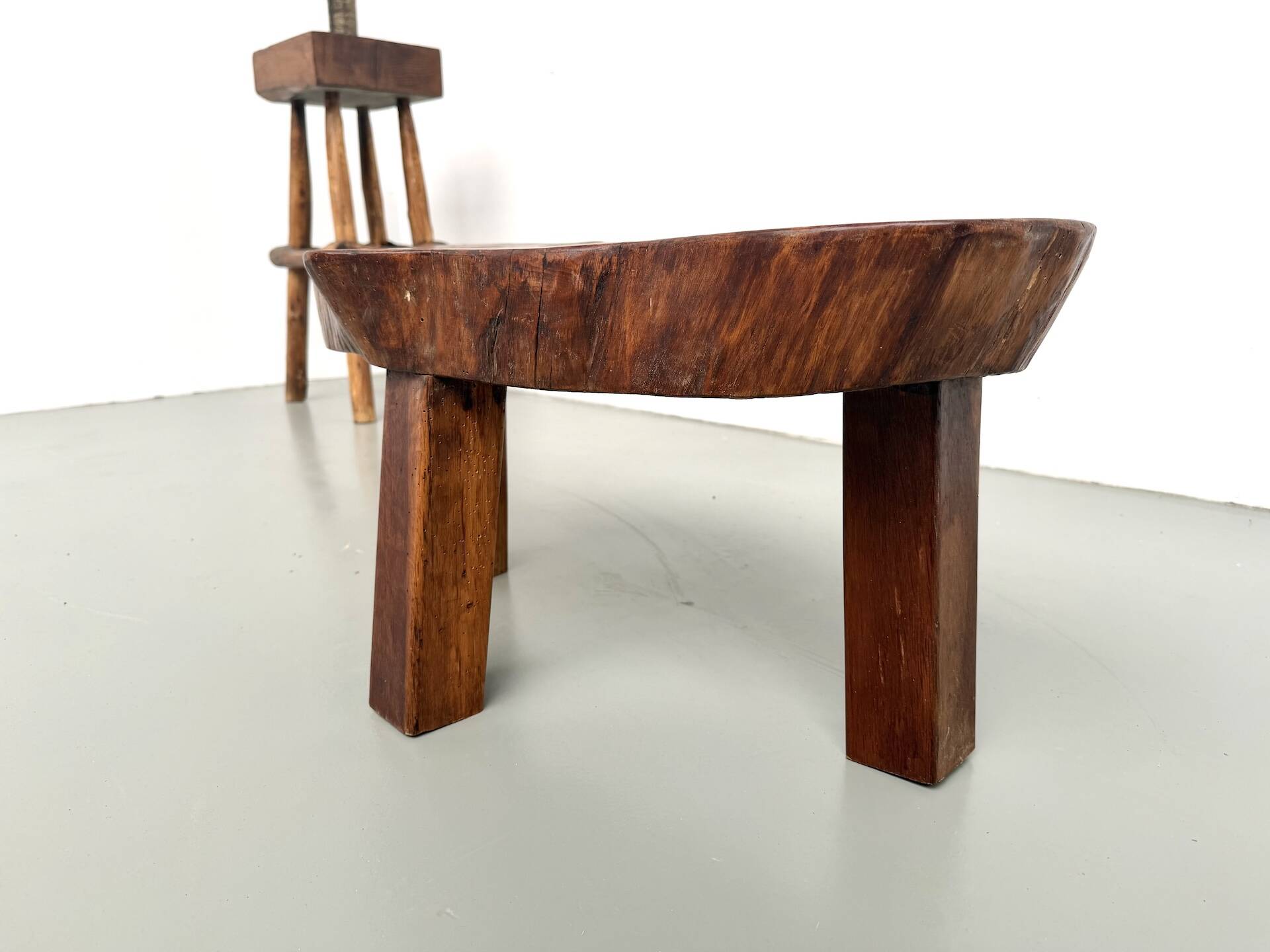 Brutalist tripod coffee table in solid teak – 1970s