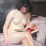 Tableau, nue à la lecture, huile sur toile de Louis François Biloul