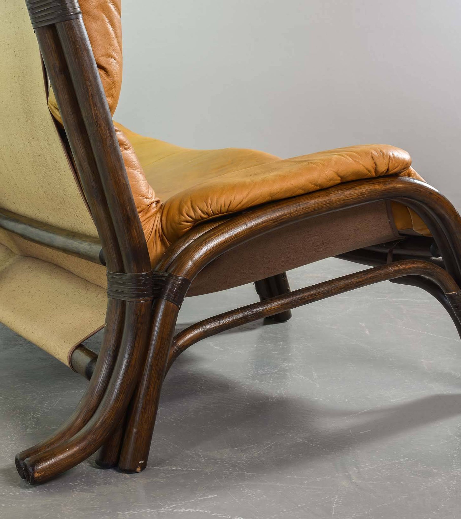 Brutalist Bentwood Love Seat Bamboo Sofa w. Caramel Leather Upholstery, 60s