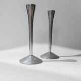 Set of 2 Stainless Steel Vintage Candle Holders, Silver Finish, Space Age Italian Design (1970s)