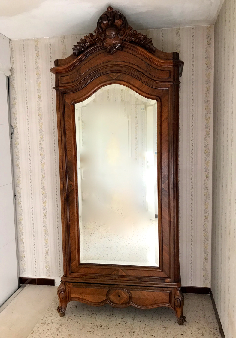 Bonnetière antique wardrobe with beveled ice interior elm magnifying glass style rocaille louis xv
