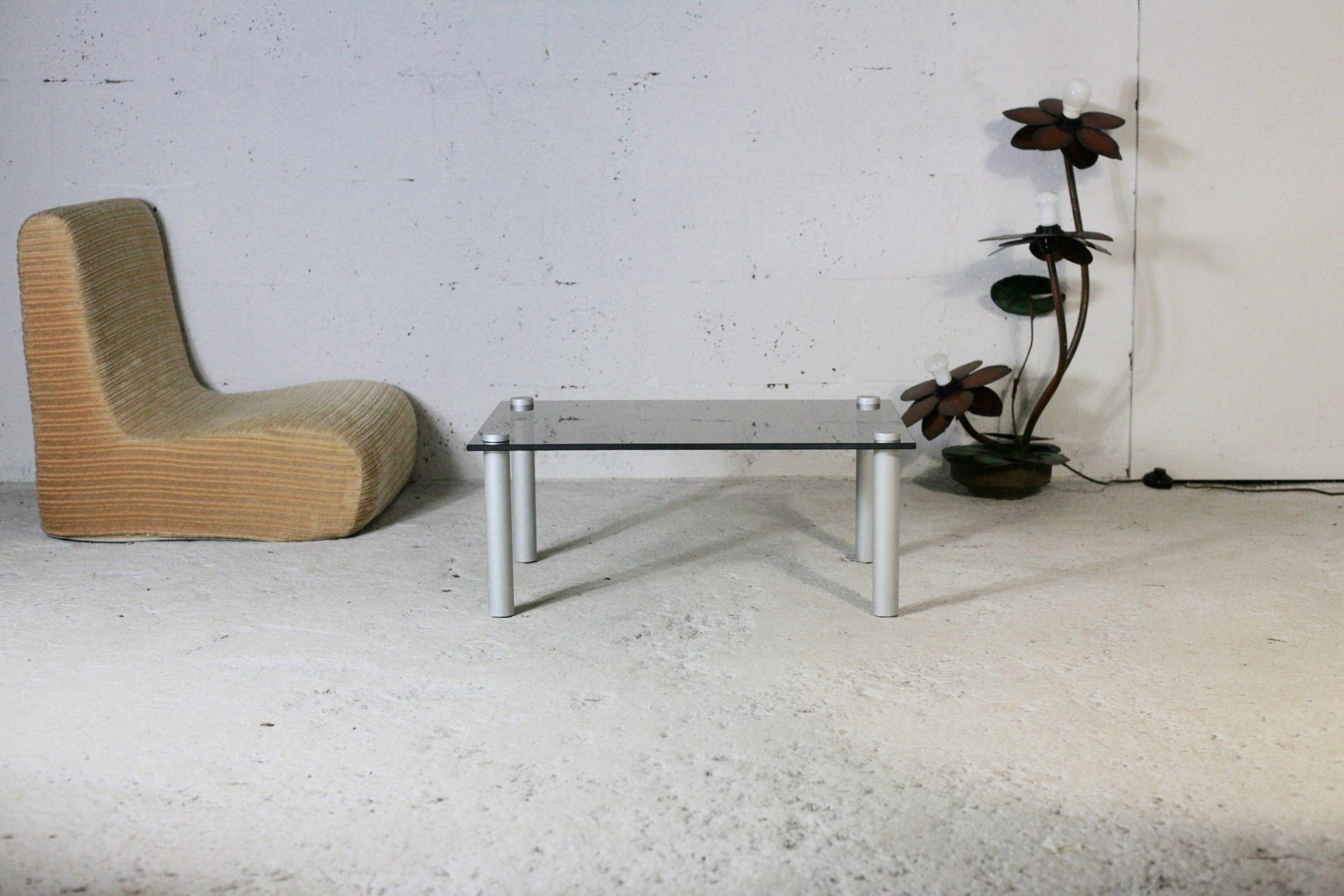 Coffee table cylindrical footings, tray smoked glass, circa 1970