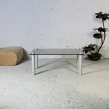 Coffee table cylindrical footings, tray smoked glass, circa 1970