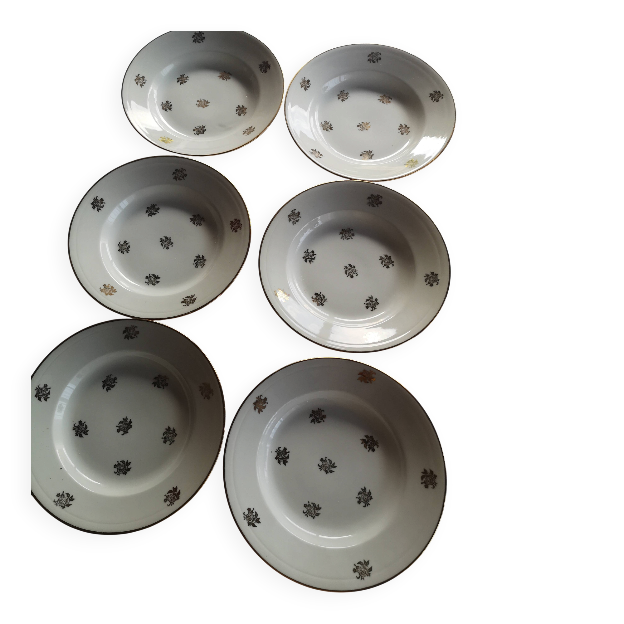 6 deep plates in French porcelain – gold floral decoration