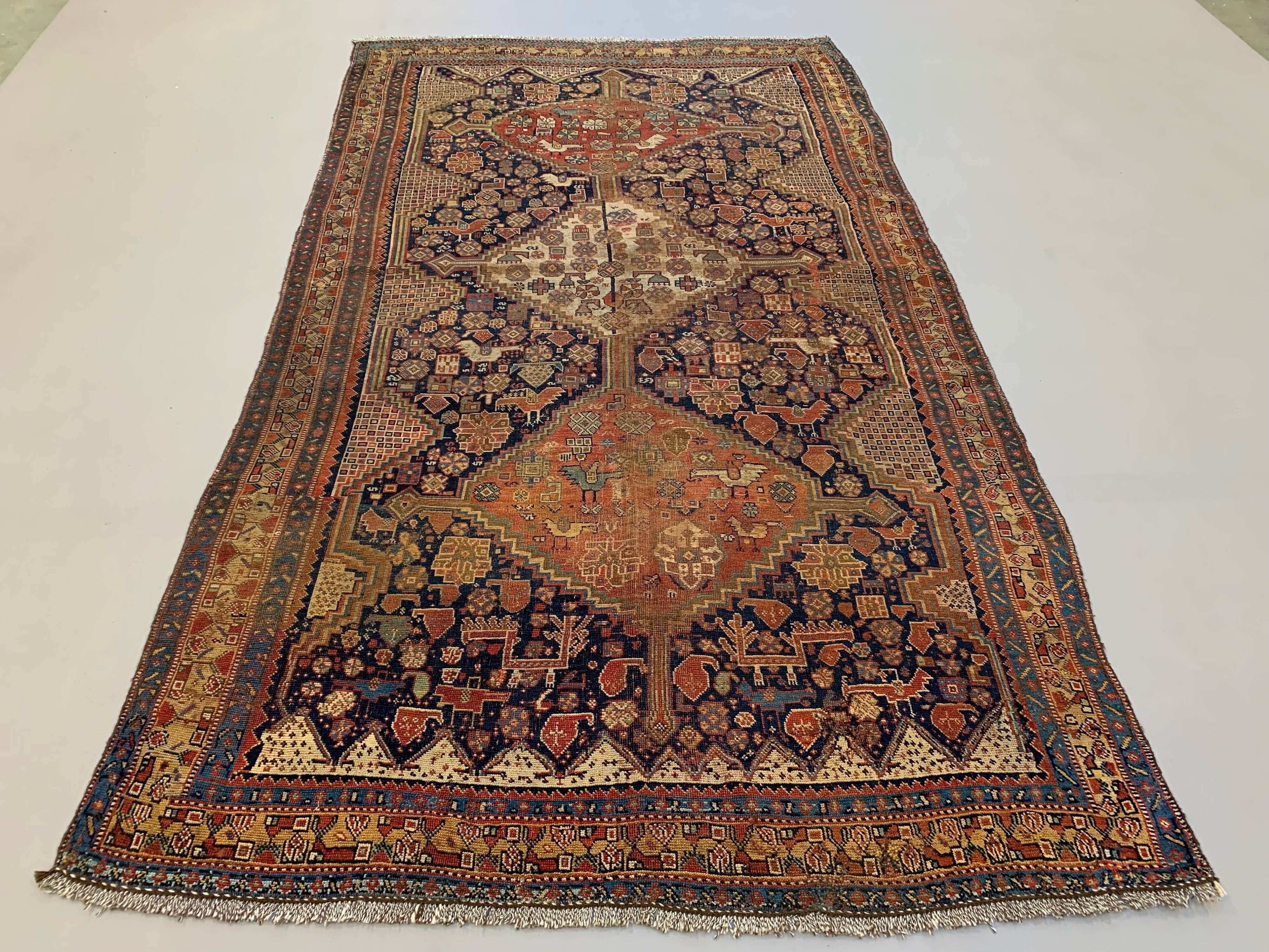 Antique tribal qashqai rug 275x157 cm, medium, oriental carpet truly shabby chic