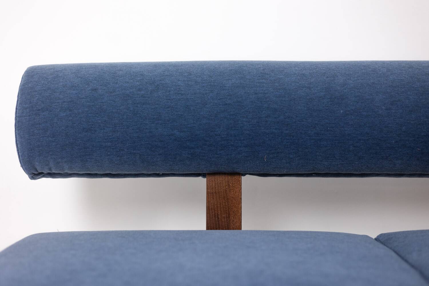 Three-seater bench in light ash and blue mohair velvet. Contemporary.
