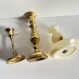 Trio of brass and vintage onyx candlesticks