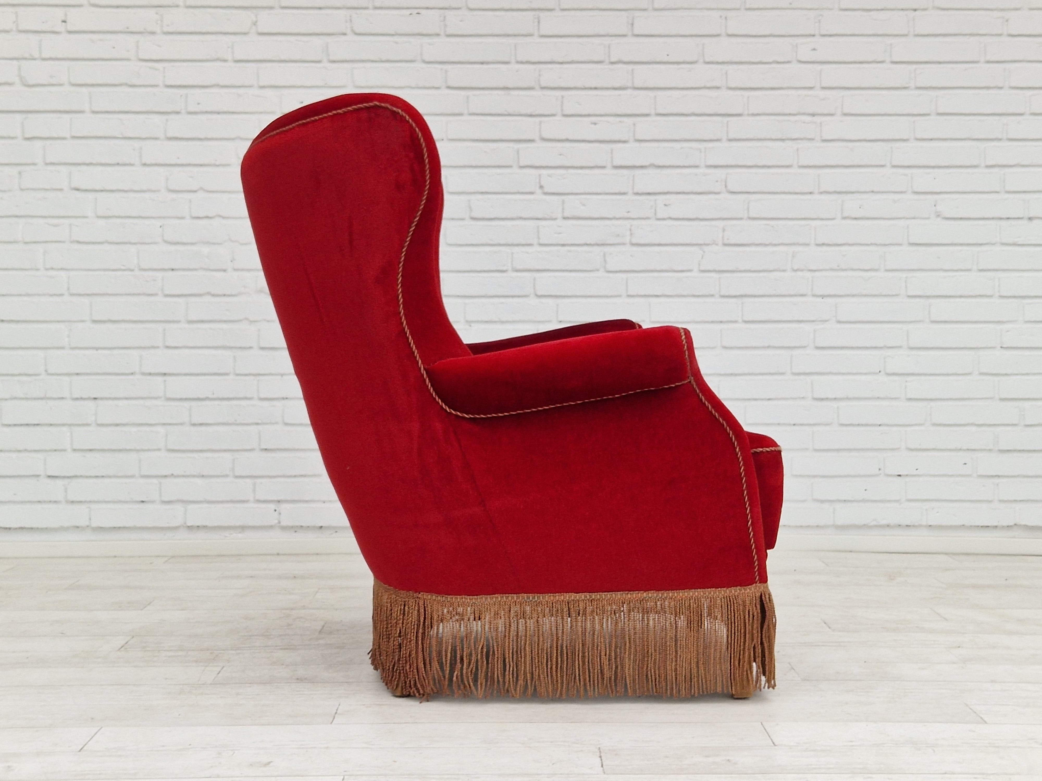 1960s, danish high back vintage armchair in cherry-red velour