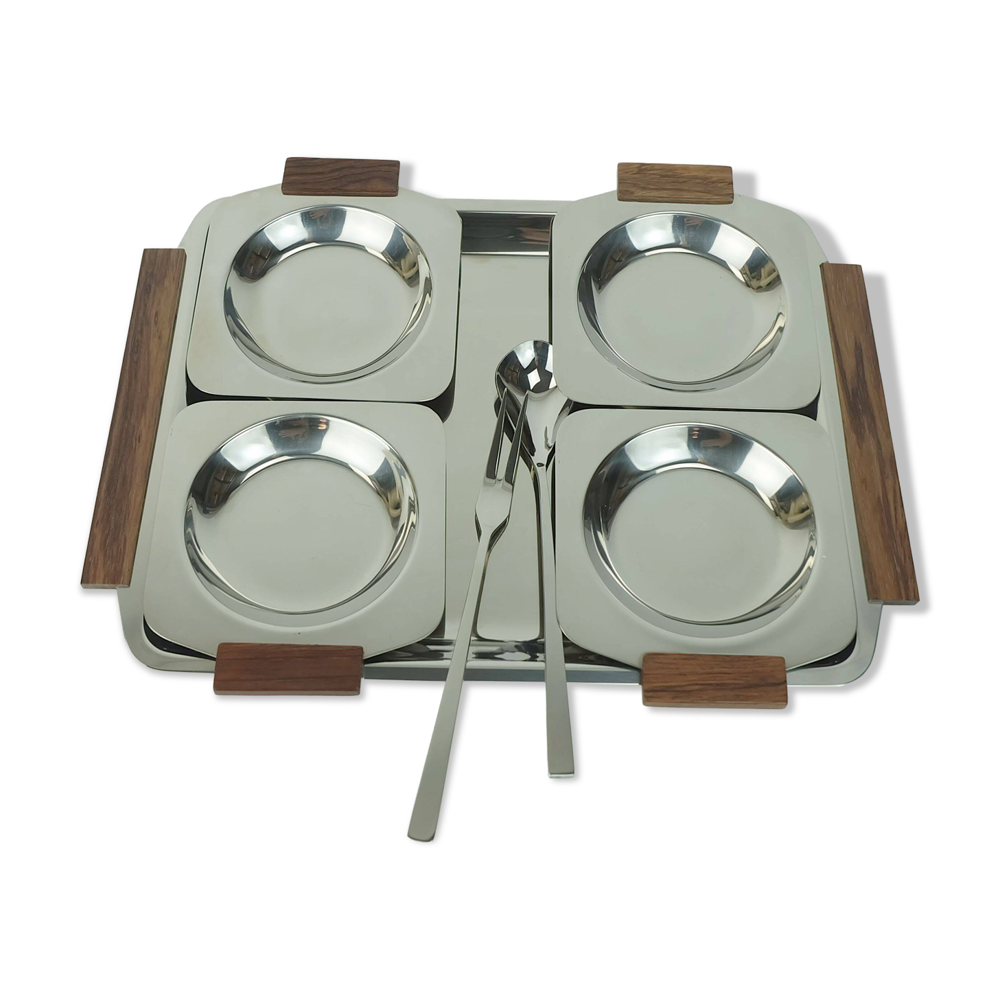 BOWL SET dip bowls party serving set stainless steel and wood 1960s
