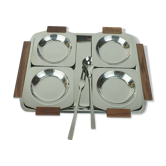 Plateau et 4 ramequins en acier inoxydable et bois, années 1960