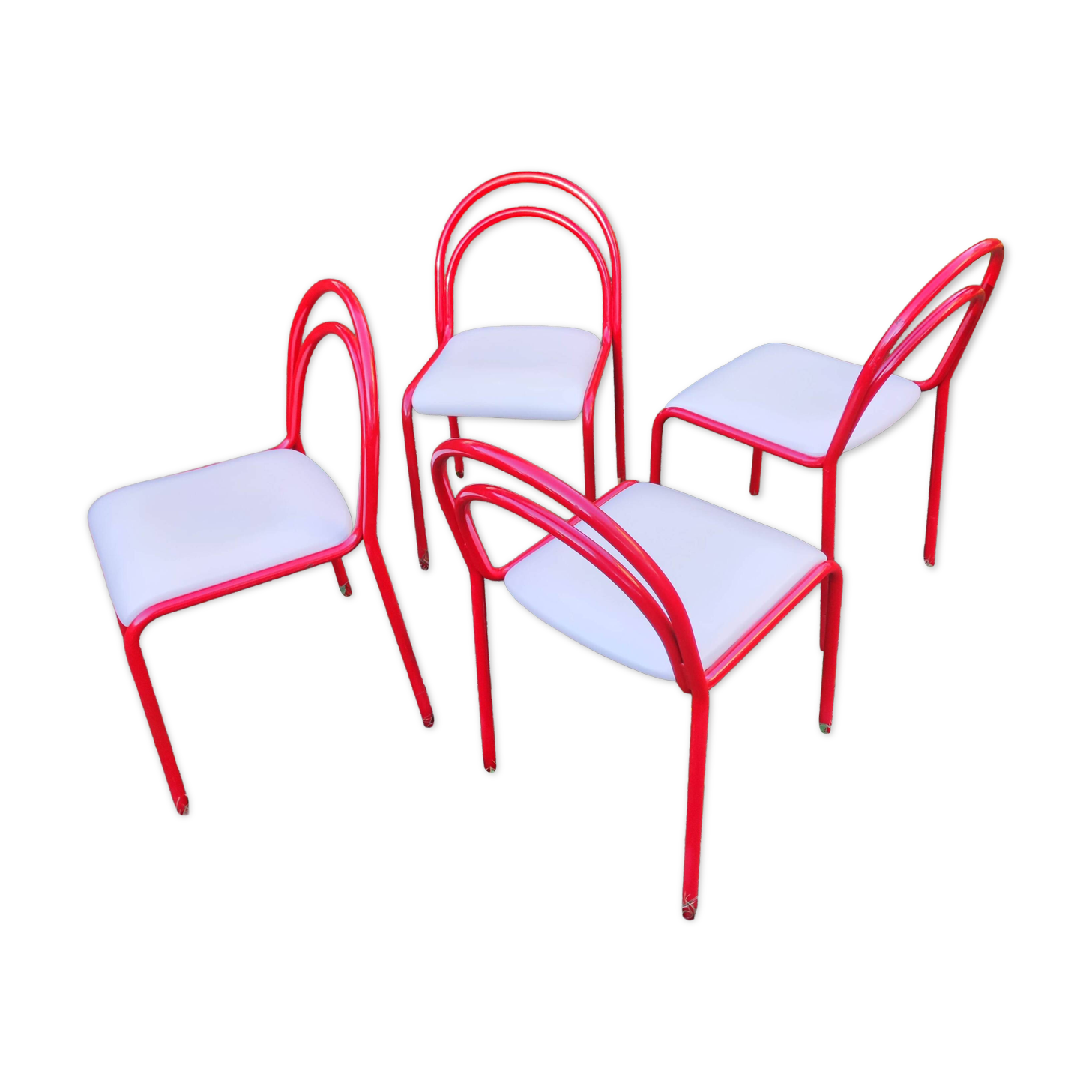 Stackable chairs, Italy, 1980s, red metal, white vinyl