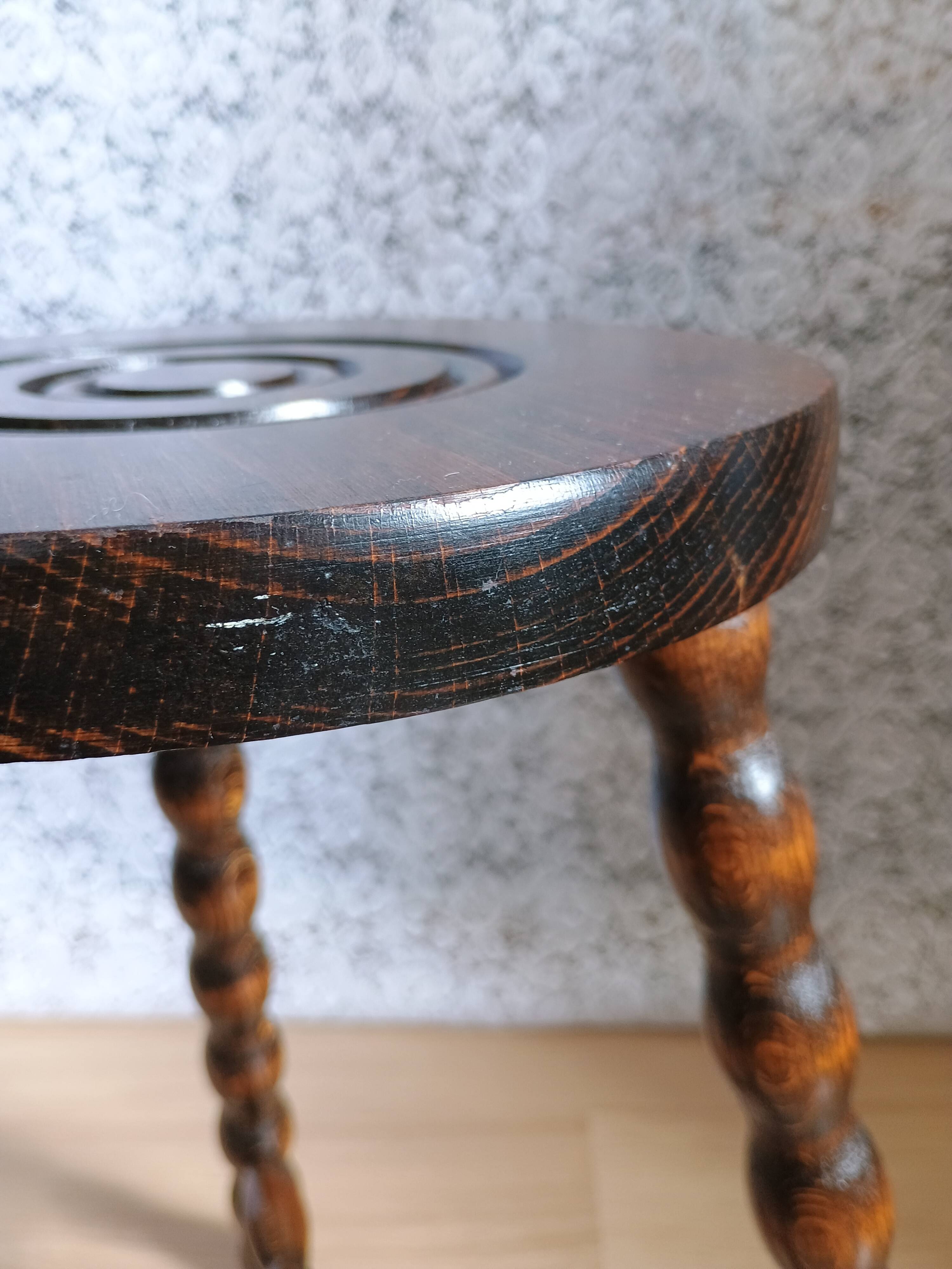 Pair of vintage turned wood tripod stools