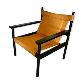 Modernist armchair 1980's in black wood and textured fabric stretched
