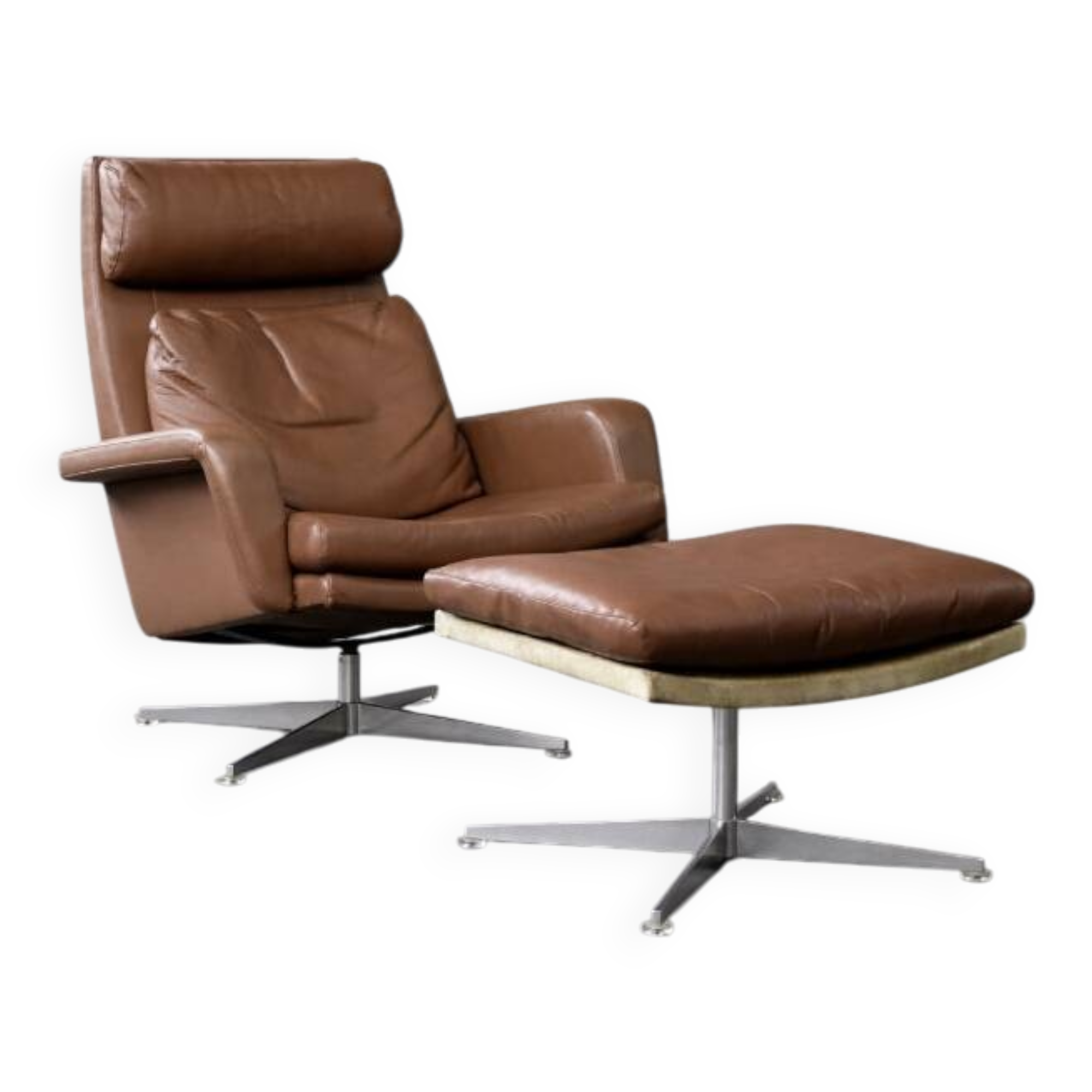 Vintage Mid-Century Danish Modern Brown Leather Swivel Chair and Ottoman