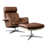 Vintage Mid-Century Danish Modern Brown Leather Swivel Chair and Ottoman