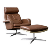 Vintage Mid-Century Danish Modern Brown Leather Swivel Chair and Ottoman