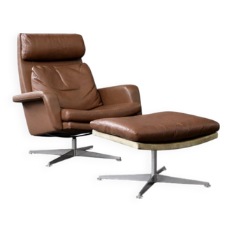 Vintage Mid-Century Danish Modern Brown Leather Swivel Chair and Ottoman