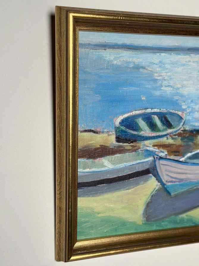 Original Mid Century Swedish Oil On Panel – “Harbor” By Lars Herder – Dated 1945 – Vintage & Framed – 45 × 37 Cm (17.7" × 14.6")