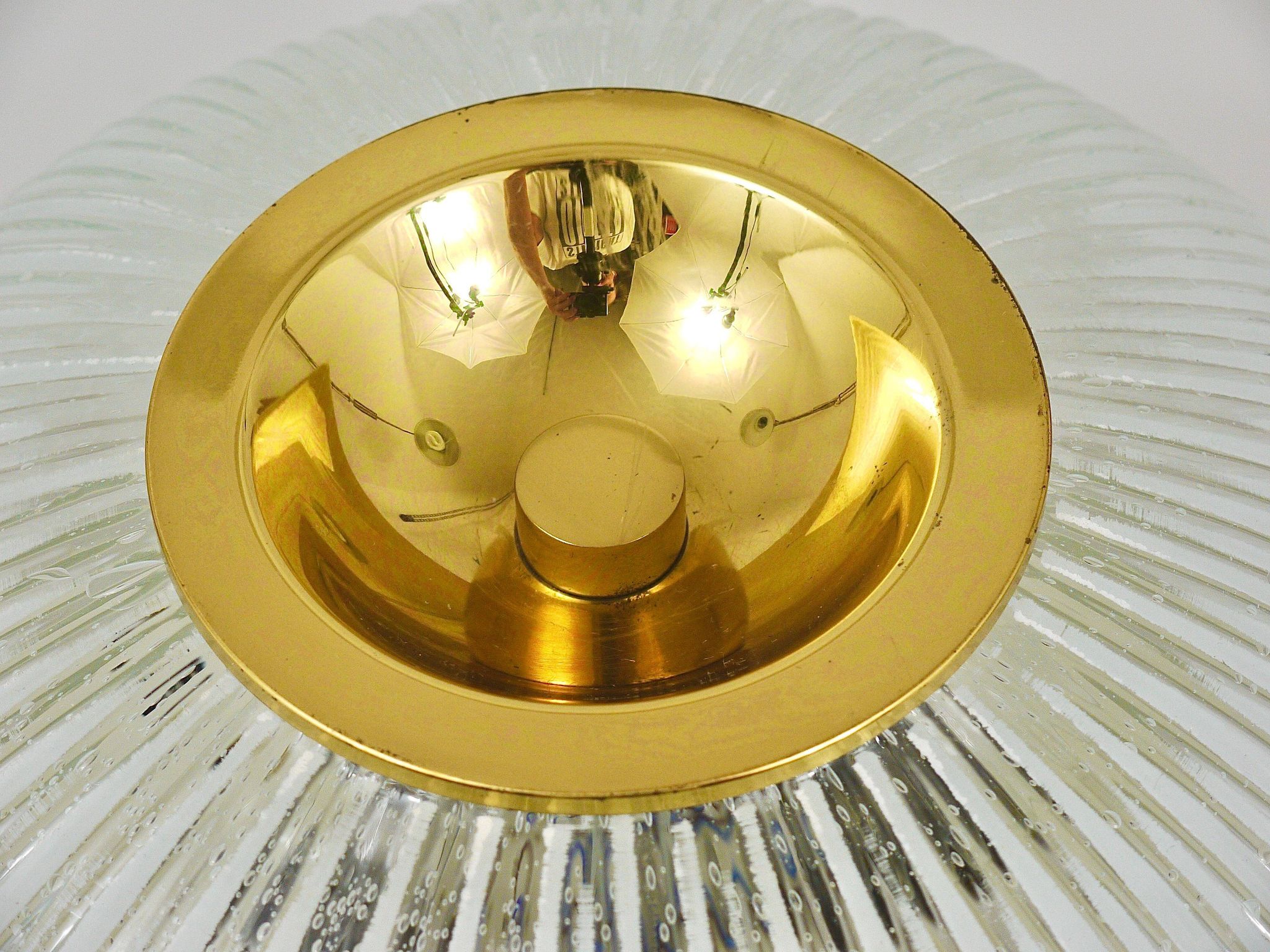 Large striped glass ceiling lamp in brass, Limburg, Germany, 1970s.