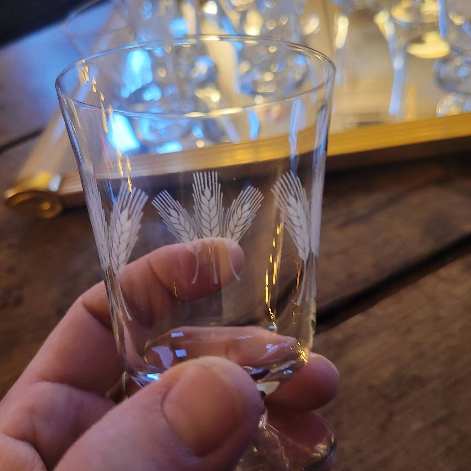 Set of 12 engraved stem glasses with ear of corn pattern from the 60s.