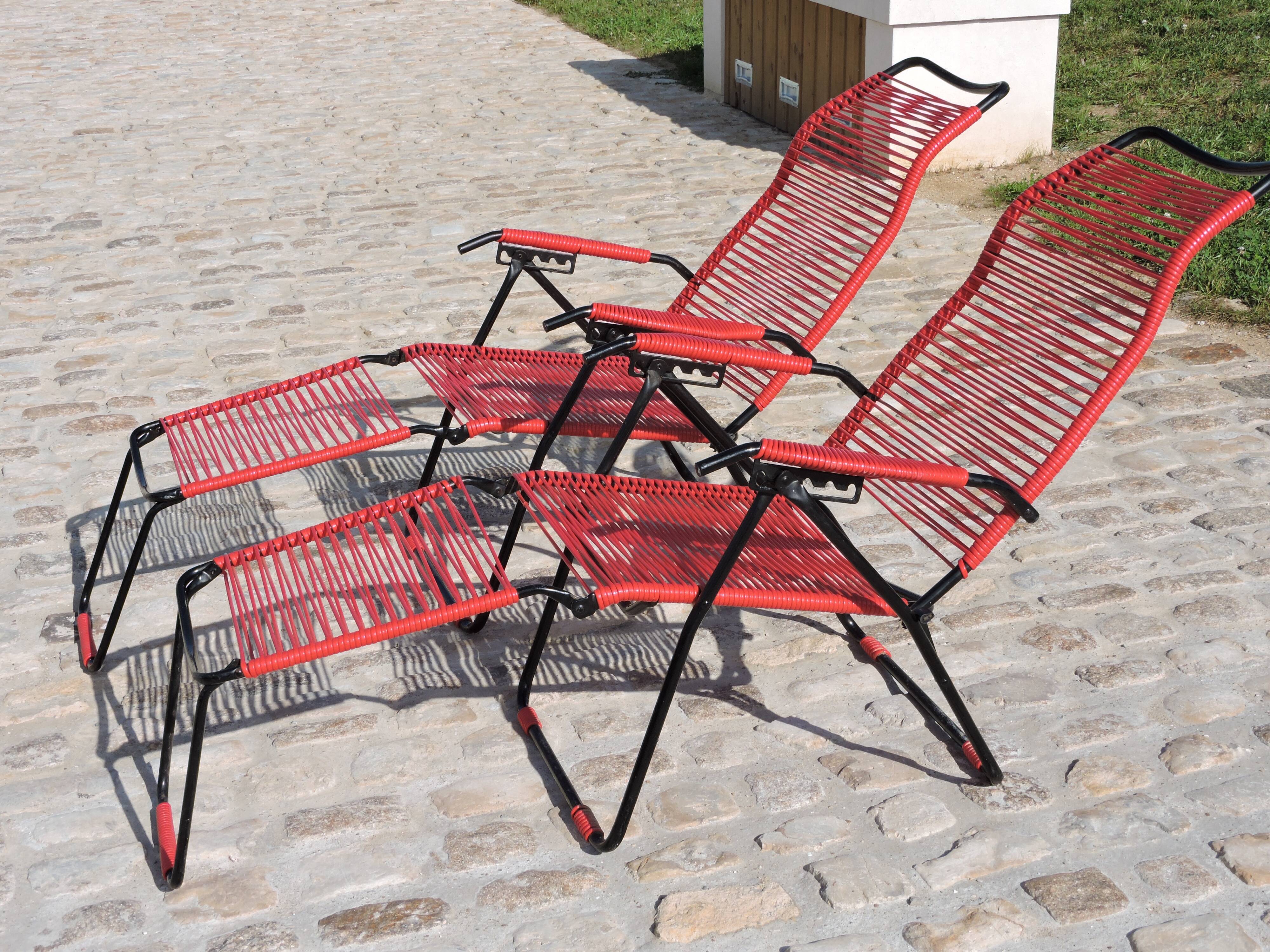 Paire de chaises longue pliante scoubidou vintage années 60 Selency