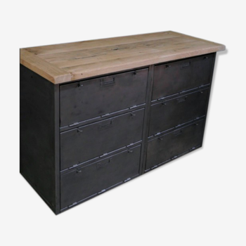 Military furniture metal console with wooden top and 6 drawers