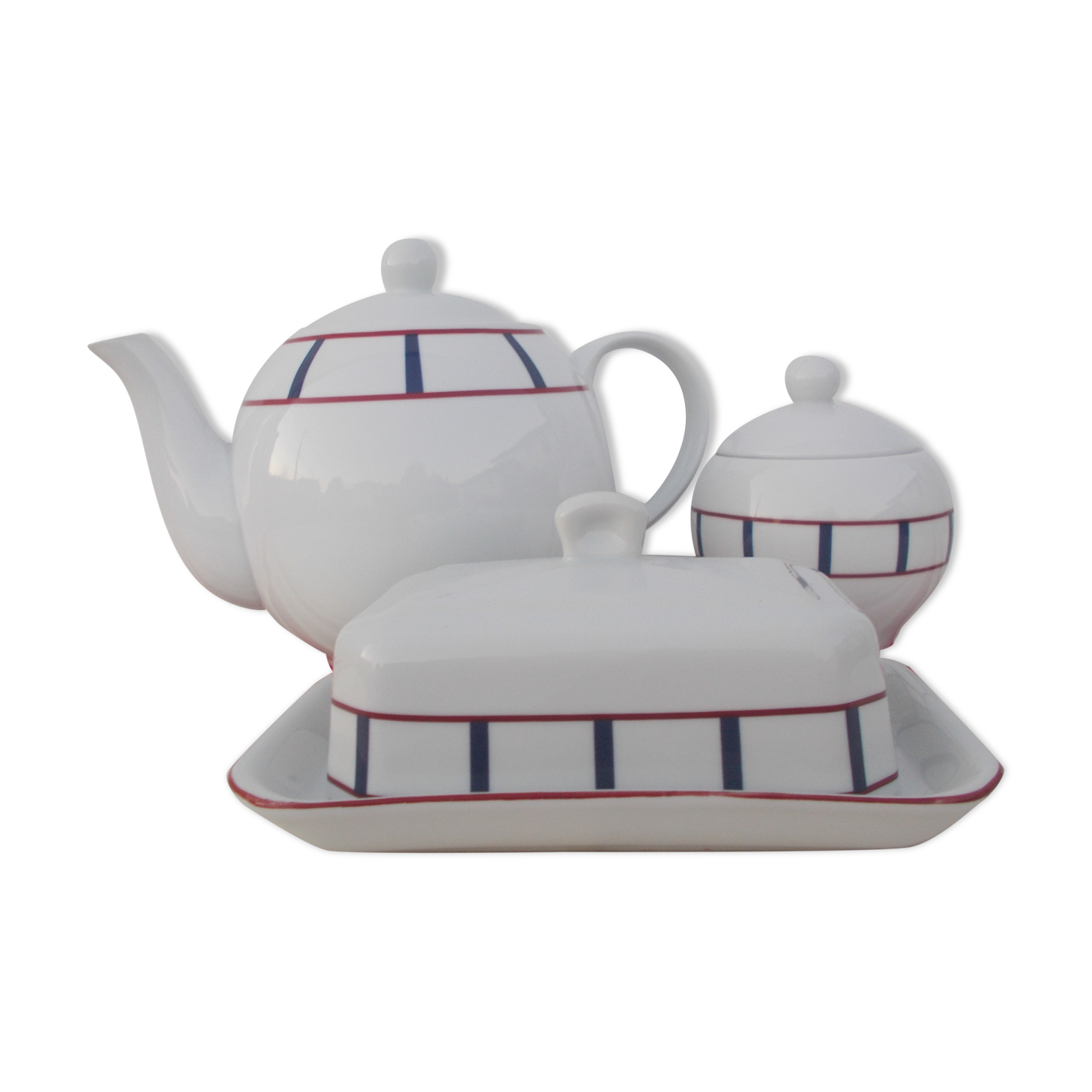 Basque porcelain teapot , Porcelain Basque butter maker , Porcelain Basque sugar bowl