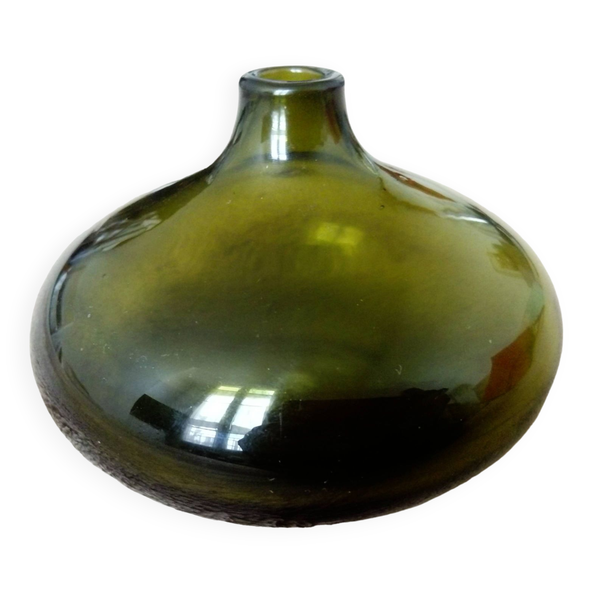 Small dark green handmade glass ball vase