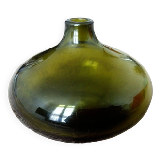 Small dark green handmade glass ball vase