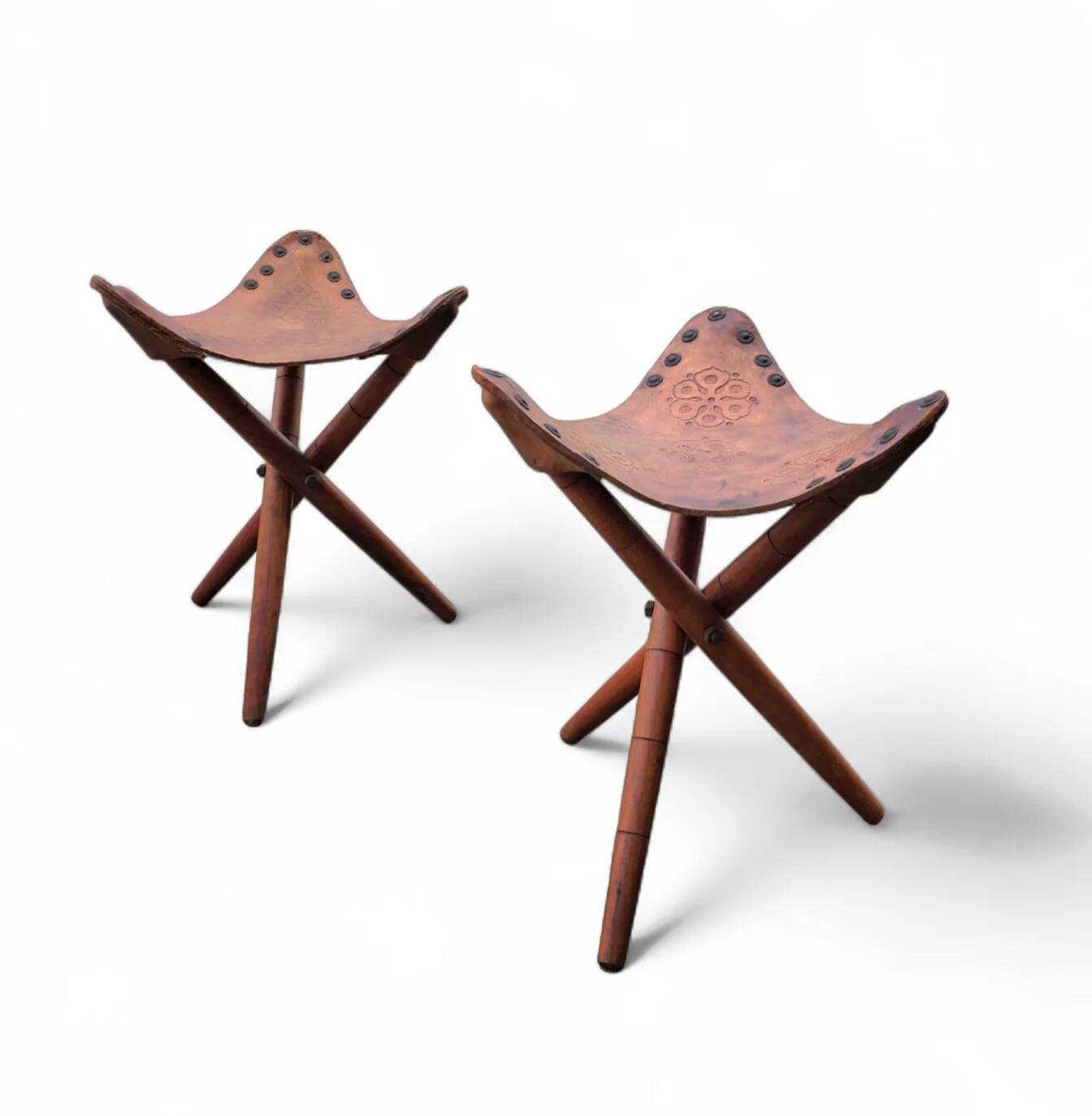 2 x matching vintage tooled leather tripod chair / camp chair
