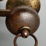 Medieval 2-light chandelier ~ hammered and patinated wrought iron ~ oak ~ 60s ~ France