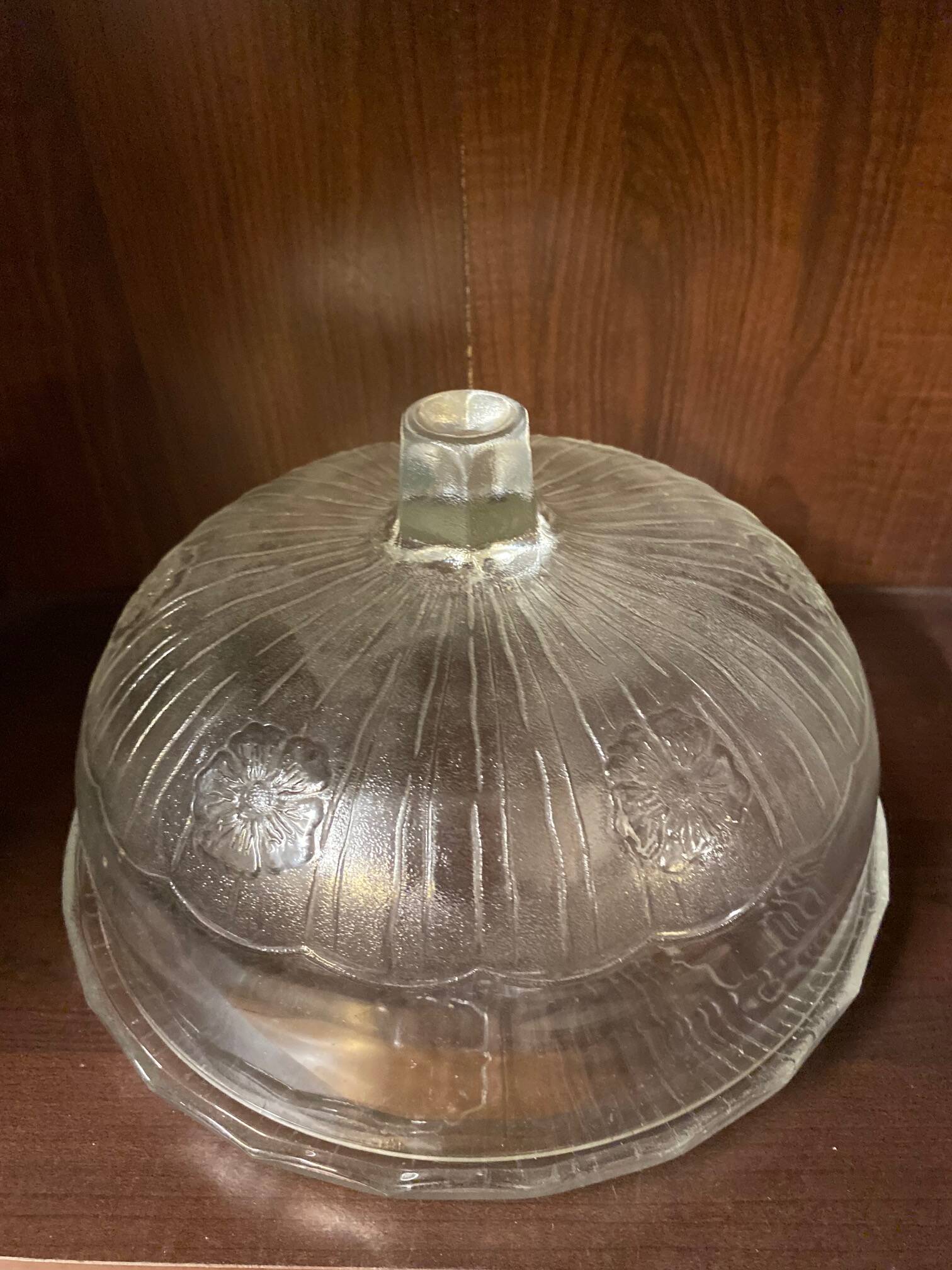 Cheese cover cake dish glass molded with relief flower decor
