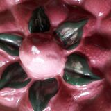 Glazed ceramic dessert plate with strawberry design.