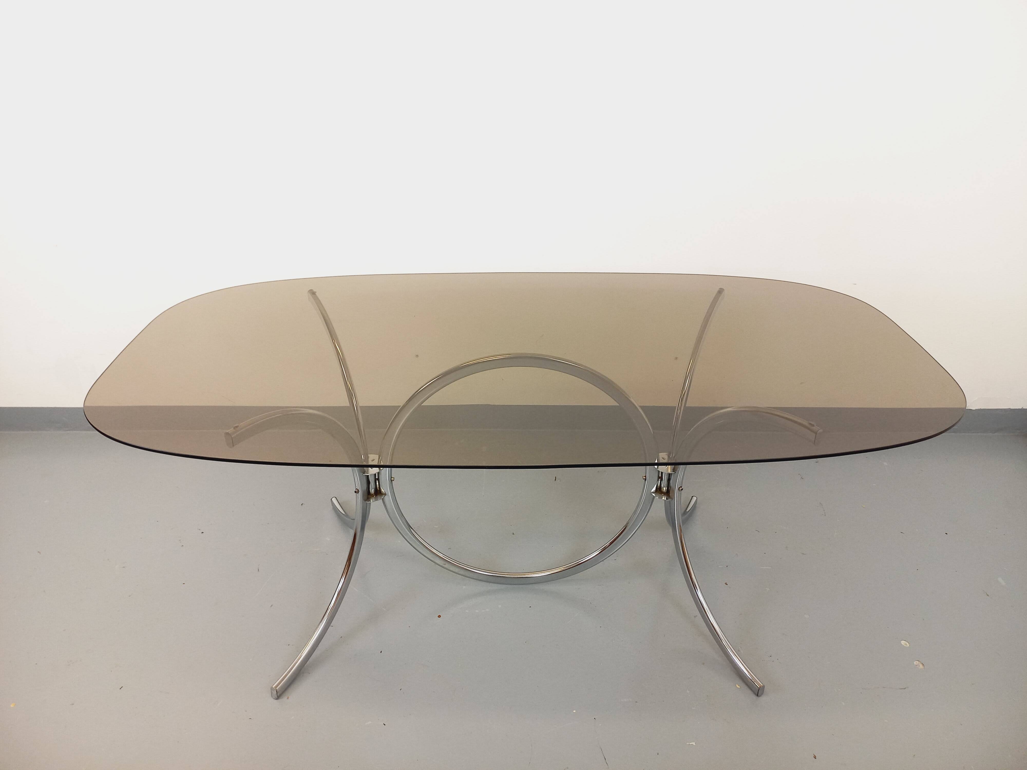 Vintage rectangular rounded dining table in smoked glass and chrome metal