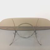 Vintage rectangular rounded dining table in smoked glass and chrome metal