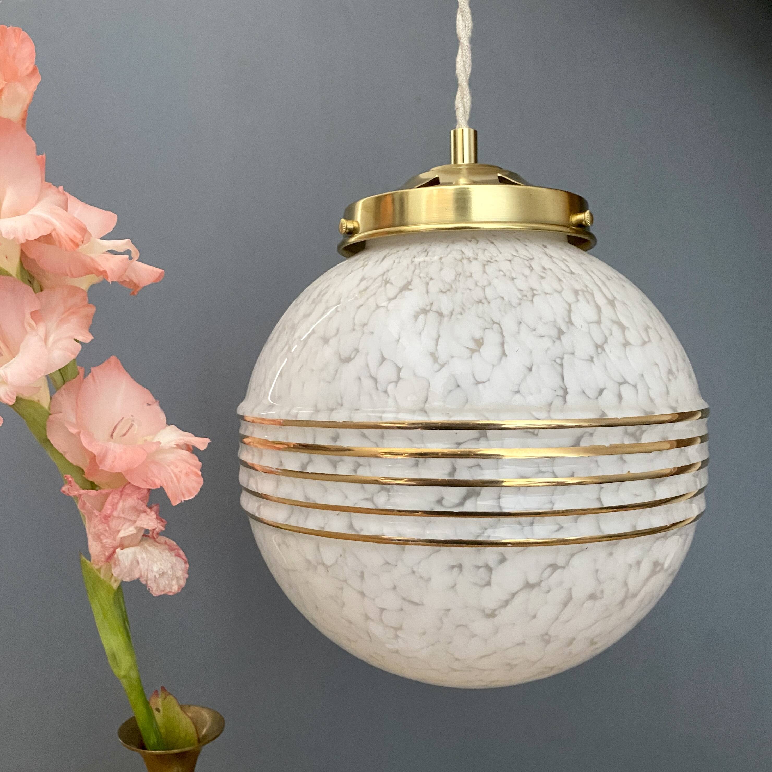 Vintage white Clichy glass globe pendant light