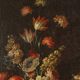 Old painting of still life with flowers, fruits, and birds from the 18th century.