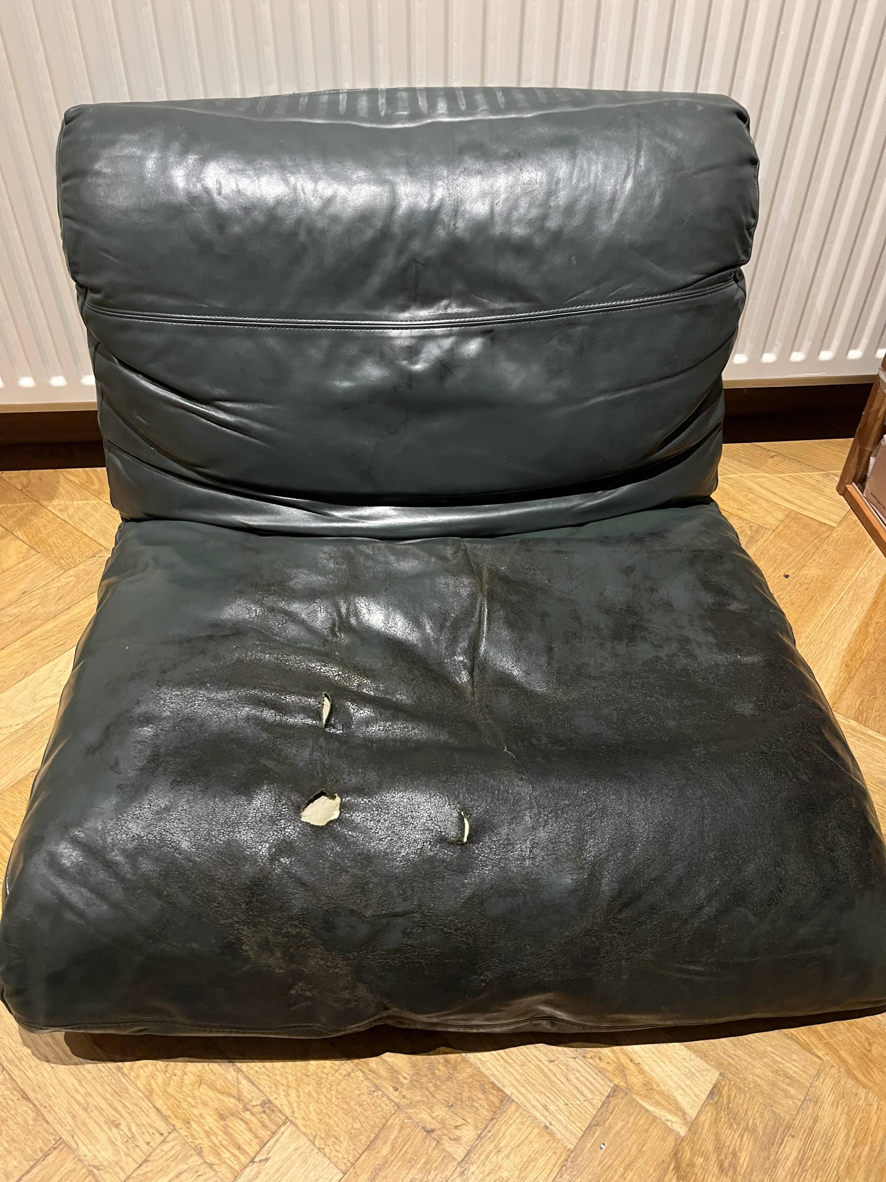 Sling chair in wood and green leather, germany, 1970s