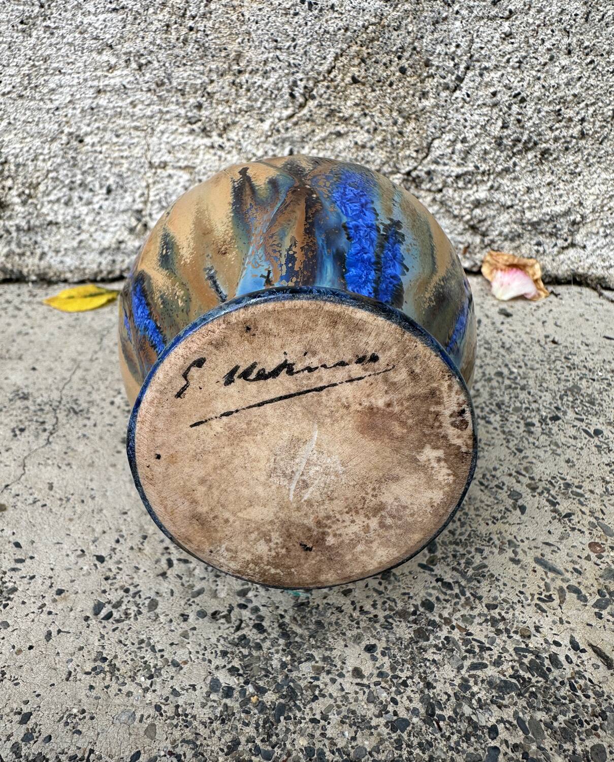 Small antique stoneware vase signed Jean Metenier