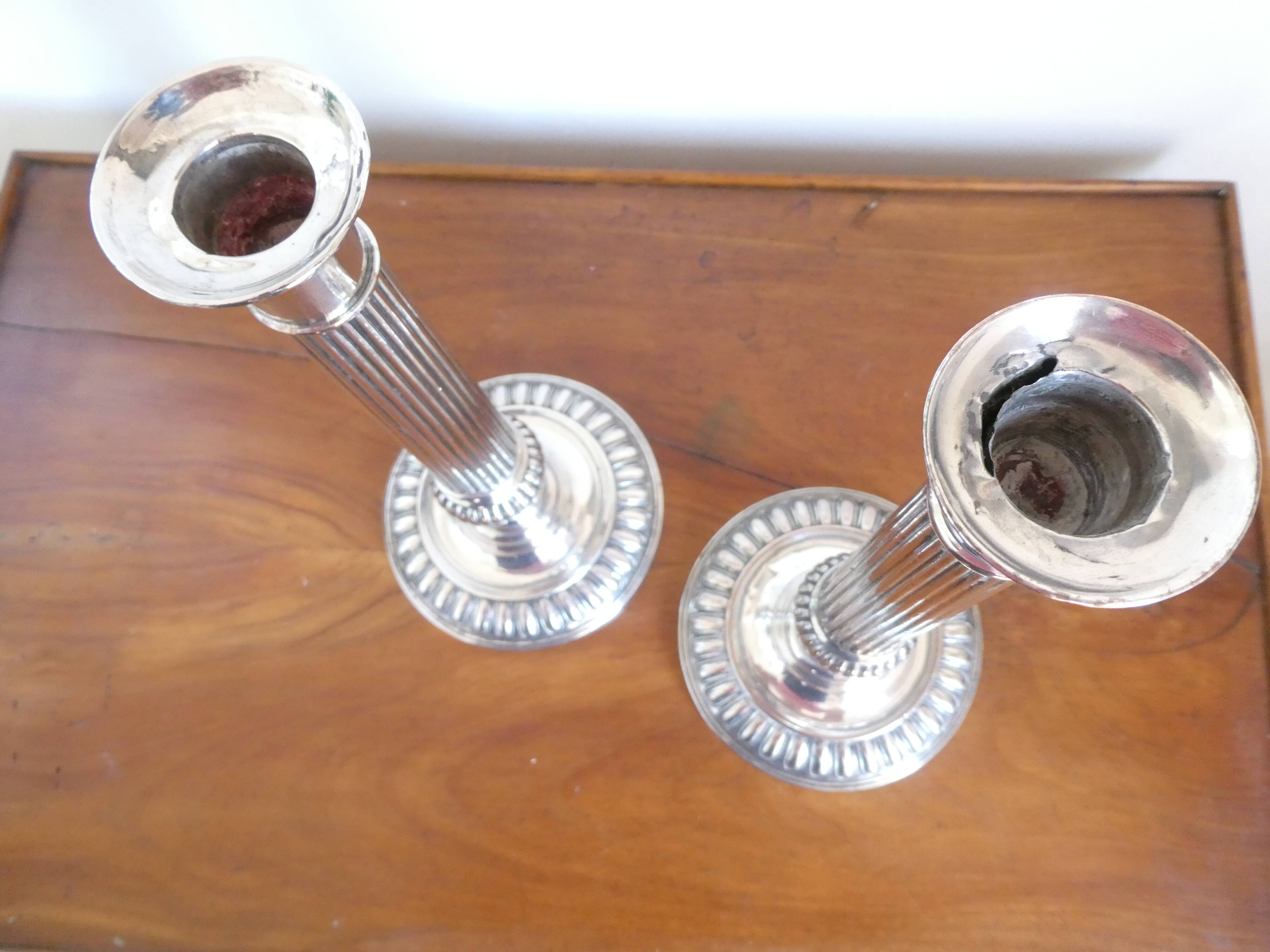 Antique pair of 19th century silver-plated metal candlesticks, 27 cm