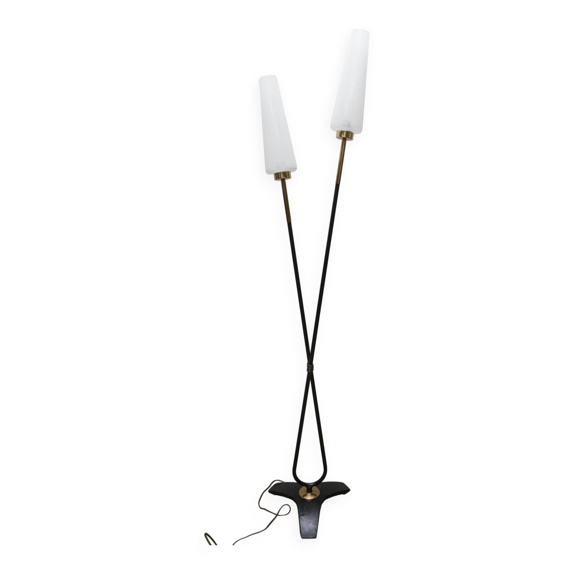 Arlus floor lamp with tripod base and 2 ribbed glass lamps 1950