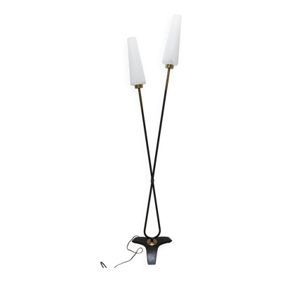 Lampadaire Arlus avec pied tripode à 2 lampes en verre striés 1950
