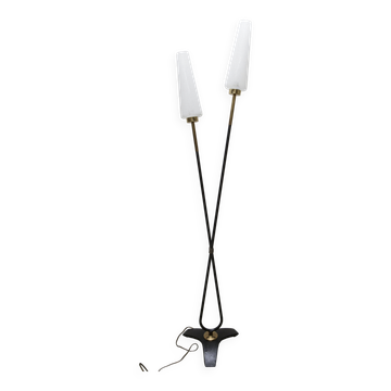 Lampadaire Arlus avec pied tripode à 2 lampes en verre striés 1950
